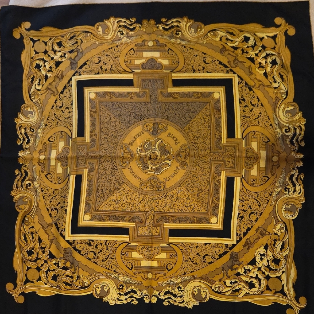 Hermes Elegant Black and Gold Scarf‎ 100% Silk